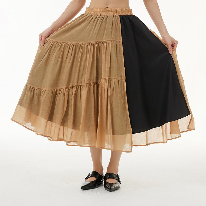 スカート レディース 大きいサイズ ゆったり 体型カバー 春夏 フェイクレイヤード オリジナルデザイン おしゃれ ストリートカジュアル 綿混 カーキ 裏地付き
