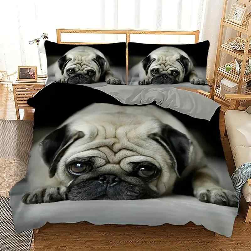 掛け布団カバー 3点セット パグ柄 ペット犬 3D デジタルプリント 化学繊維 北欧風 かわいい 寝具 ベッ..