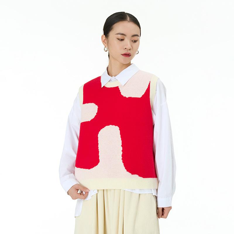 ニットベスト レディース 体型カバー 着痩せ ゆったり 大きいサイズ プラスサイズ 韓国風 カジュアル おしゃれ 厚手 クルーネック ノースリーブ 幾何学柄 配色デザイン プルオーバー ニットジレ 高級感 秋冬