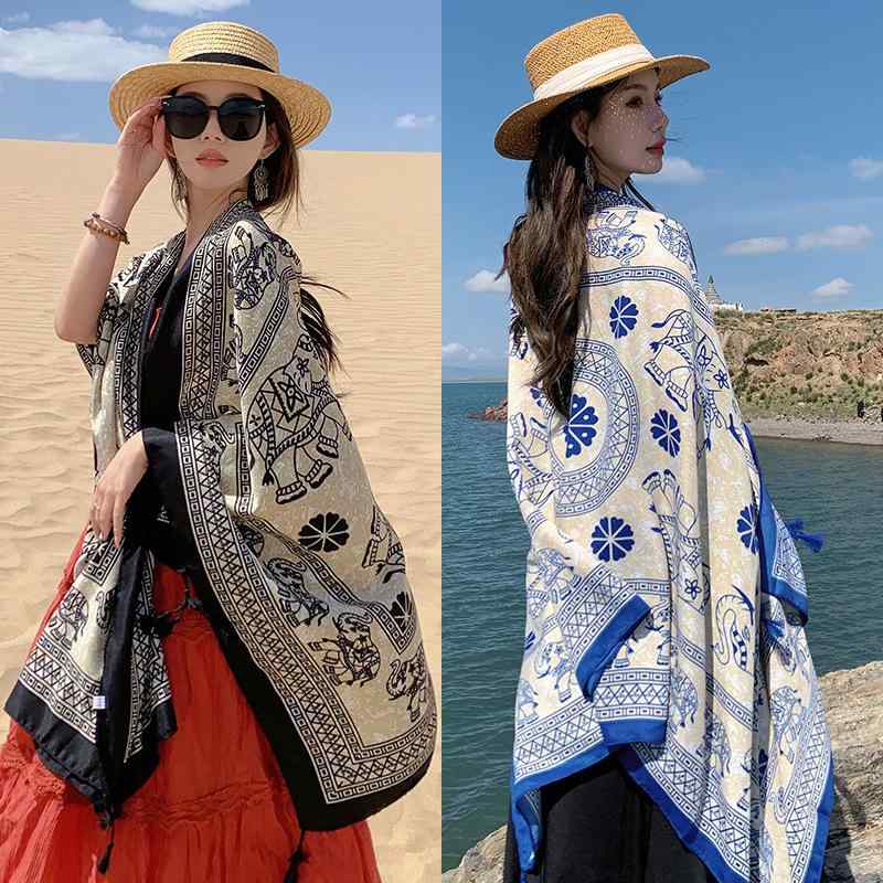 ショール レディース UV対策 日よけ 通気性 大判 ロング丈 ツイルコットン エスニック 民族柄 旅行 リゾート ビーチ アウトドア ポンチョ 羽織り ストール オールシーズン