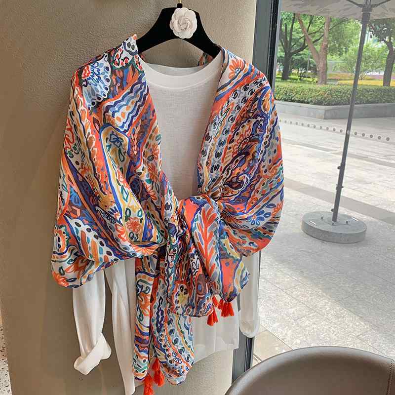 ストール UV対策 民族風 ボヘミアン ペイズリー柄 両用 コットンリネン 大判 春夏 ビーチ ショール スカーフ オレンジ プリント