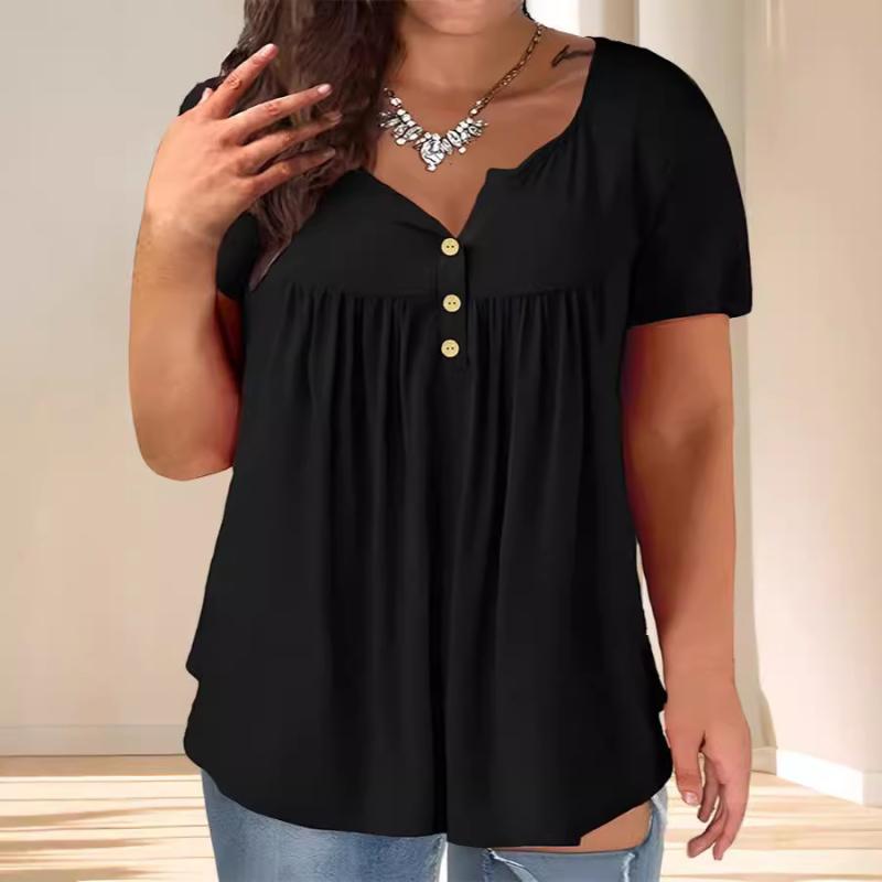 Tシャツ レディース ストレッチ素材 大きいサイズ ビッグサイズ ゆったり 春夏 欧米風 ストリート カジュアル 半袖 クルーネック プルオーバー ボタン ミドル丈 チュニック丈 無地 ポリエステル 黒 紺