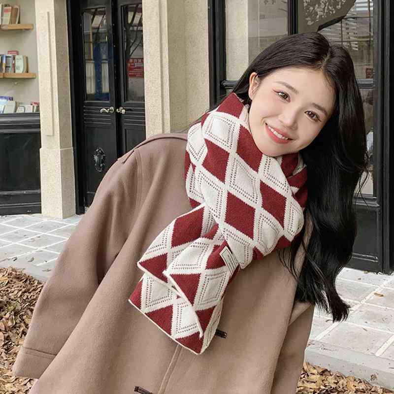 マフラー 厚手 防寒 保温 ニット ひし形 格子柄 上品 エレガント カジュアル 万能 普段使い オフィス ..
