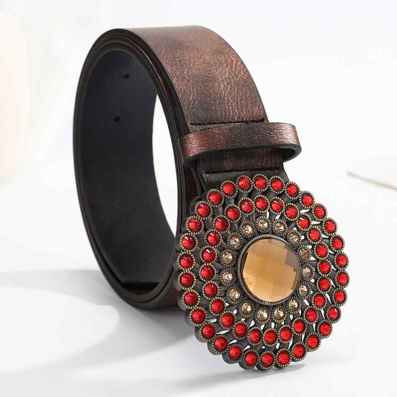 ベルト レディース レトロ ヴィンテージ ボヘミアン エスニック 赤い宝石装飾バックル PUレザー 栗色 オールシーズン 日常使い カジュアル オフィス 通勤