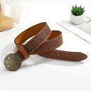 ベルト メンズ ウエスタン カウボーイ スタイル 欧米 レトロ ヴィンテージ 円形 彫刻 合金バックル 印花模様 PUレザー ブラウン 通常幅(x2)