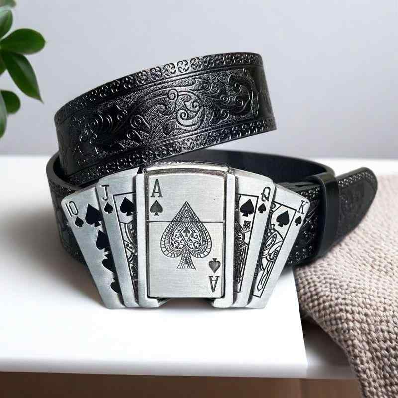 ベルト メンズ 男性用 オイルライターバックル 無段階調整 PUレザー 合金 革 個性的 ファッション 欧米..