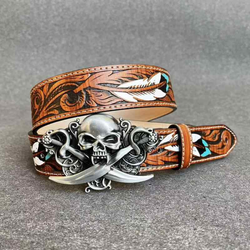 ベルト メンズ PUレザー フック式バックル ダブルナイフ スカル パンク 個性的 トレンド 欧米風 ジーン..
