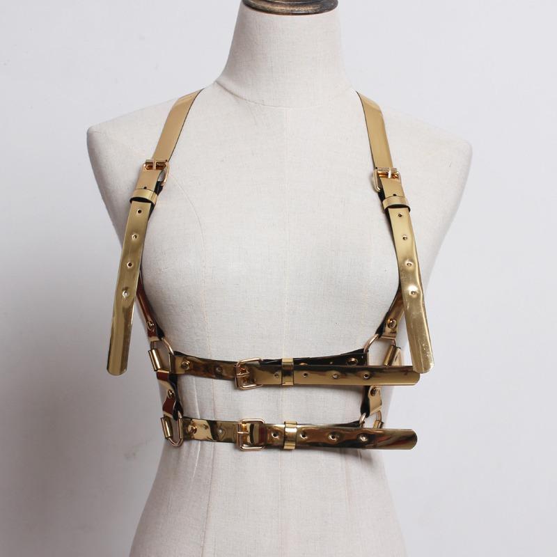 サスペンダー メンズ ユニセックス ゴールド ミラー加工 PUレザー 高品質 メタル 近未来的 ステージ衣装 パフォーマー ライブ ナイトクラブ ダンス ベルト