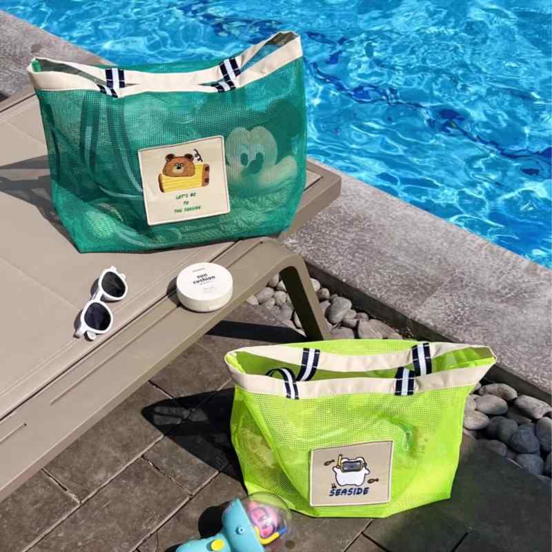 収納バッグ 子供 キッズ メッシュ素材 手提げ 大容量 プール ビーチ スイミング おもちゃ入れ 旅行 ア..
