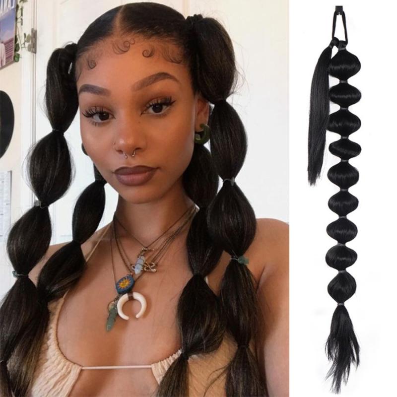 ウィッグ レディース バブル三つ編み ポニーテール ランタン風 巻き付け式 ドローストリング 簡単装着 高温耐熱ファイバー どんな顔型にも馴染む 自然な仕上がり