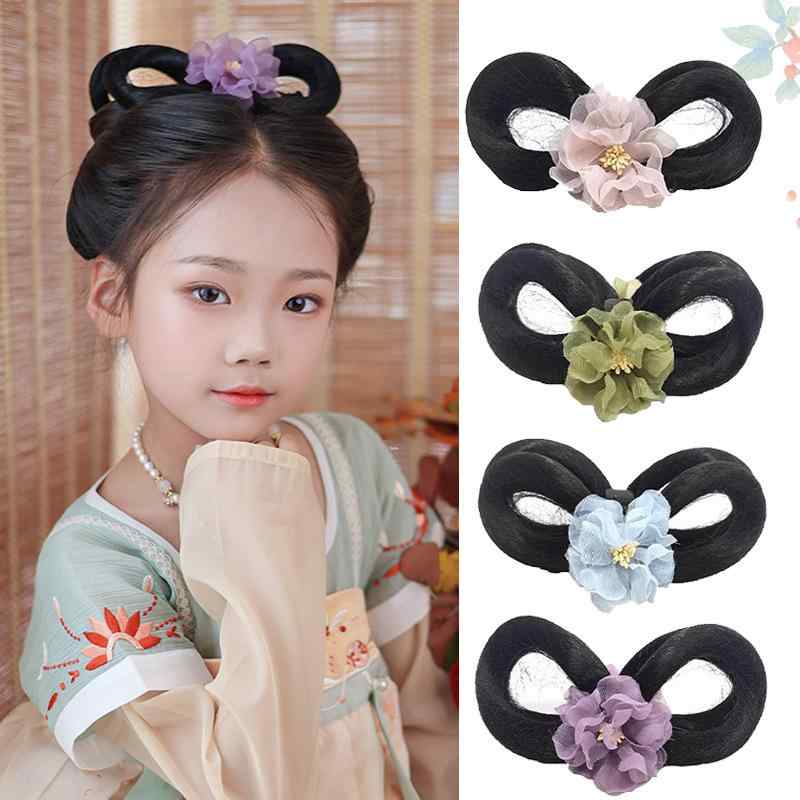 ウィッグ キッズ 簡単装着 一体型 バンスクリップ ヘアピース シニヨン お団子 まとめ髪 古風 和装 アップスタイル 耐熱ファイバー ピンク パープル ブルー グリーン 子供用