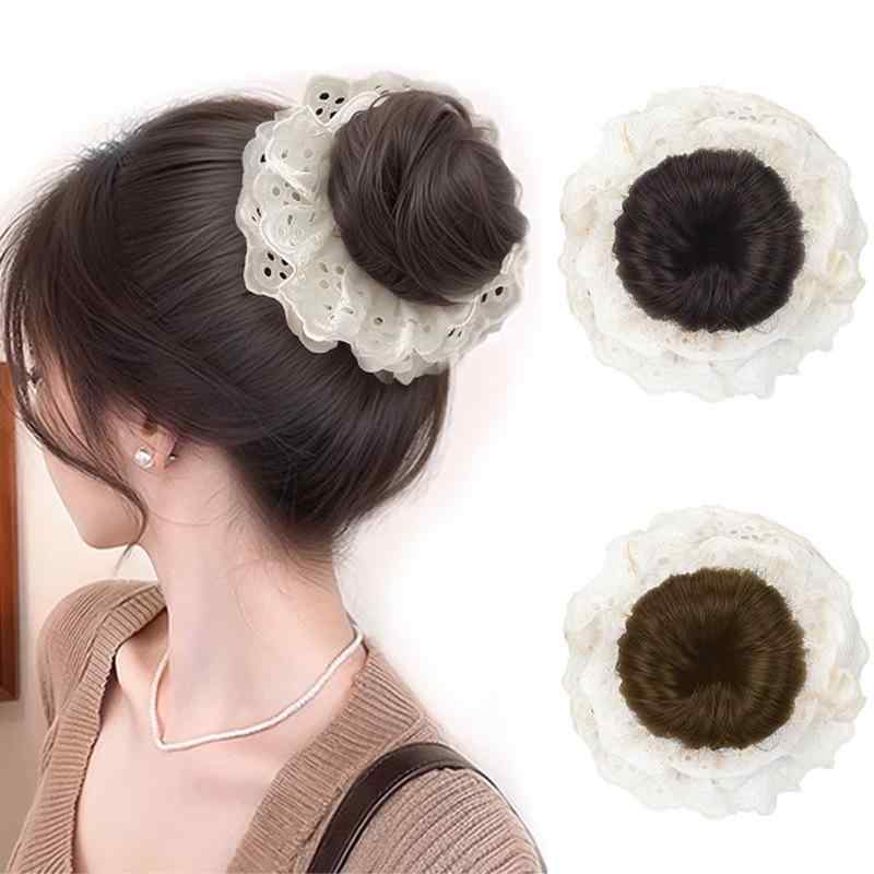 ウィッグ レディース 簡単装着 ボリュームアップ 耐熱ファイバー おくれ毛付き高めお団子ヘア レース付..