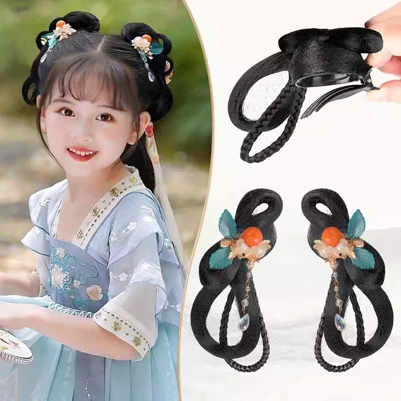 つけ髪 キッズ 女の子 漢服 古風 かわいい お団子ヘア シニヨン ヘアクリップ バンスクリップ リボン 蝶結び 髪飾り ヘアアクセサリー コスプレ 舞台衣装 合わせやすい