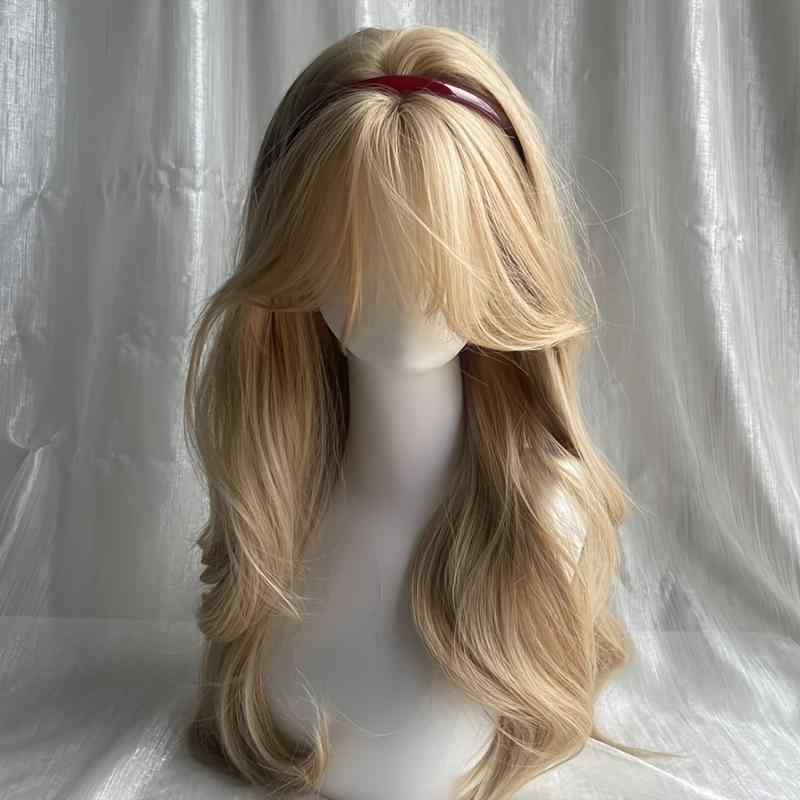 ウィッグ レディース フルウィッグ ゴールド ロングカール 大波浪 ぱっつん前髪 耐熱 普段使い ボリューム 小顔効果 外国人風 イメチェン