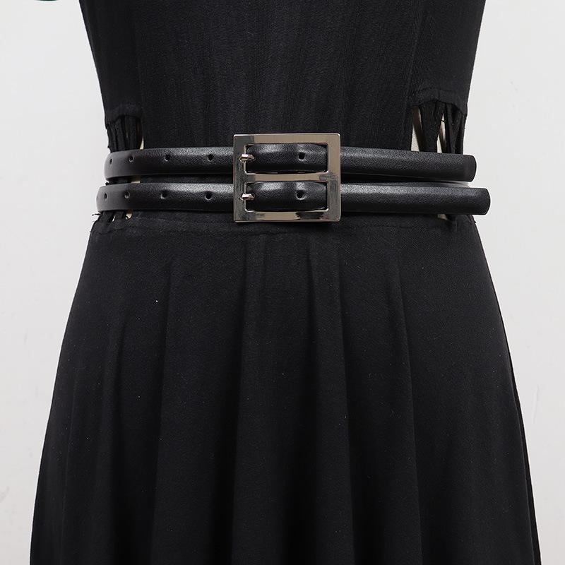 ベルト レディース 韓国 レトロ ダブルバックル 細身 PUレザー ピンバックル ウエストマーク 装飾 ワンピース コート カジュアルスタイル