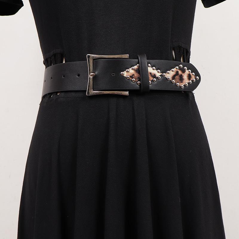 ベルト メンズ レディース パンク スタッズ ヒョウ柄 ピンバックル PUレザー 合金バックル カジュアル ロック ストリート系 個性的 ファッション小物 学生向け 万能 ブラック 欧米スタイル