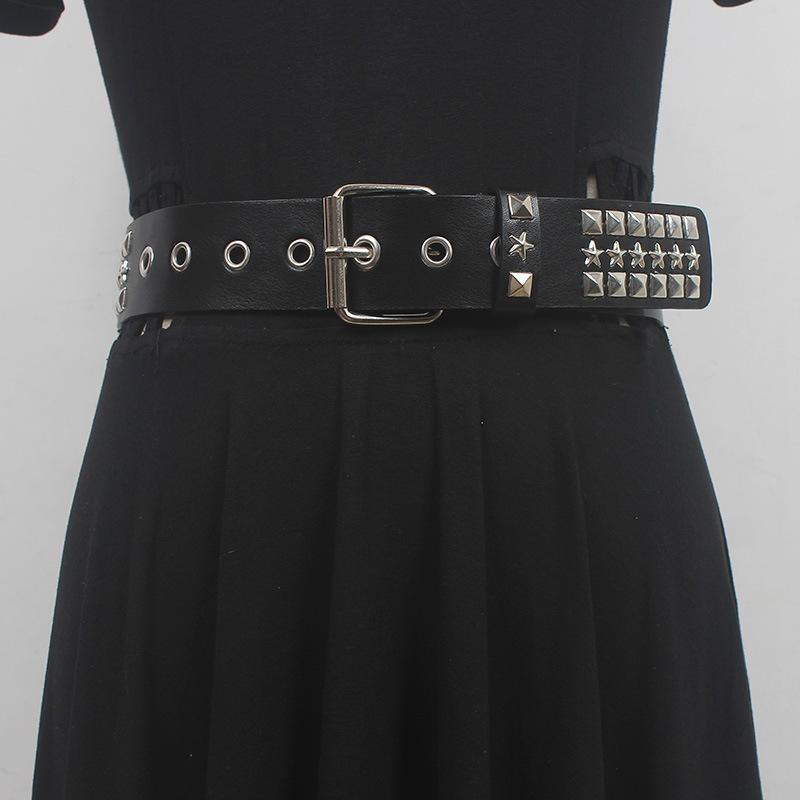 ベルト メンズ レディース 欧米風 Y2K サブカル ゴシック パンク 個性的 PUレザー フェイクレザー 五芒星スタッズ ダブルハトメ 鋲 ピンバックル