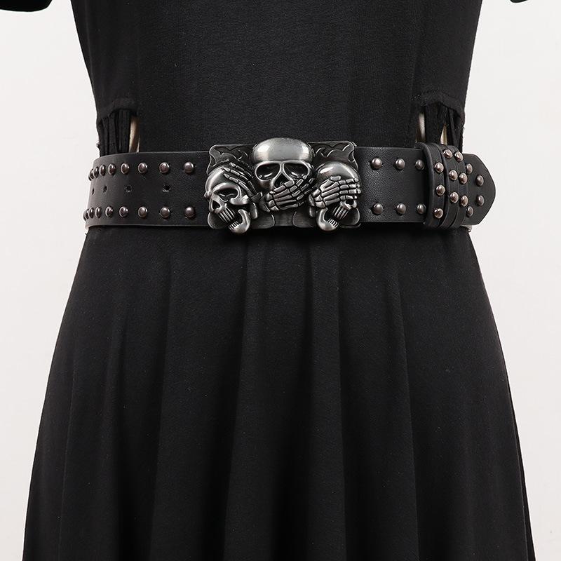 ベルト 男女兼用 PUレザー フック式 細身 Y2K スカル ドクロ バックル サブカル ストリート ギャルファッション 甘辛 クール系