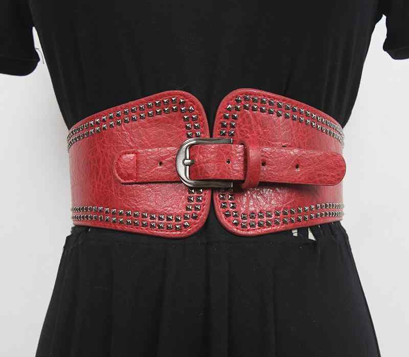 ウエストマークベルト レディース ゴムベルト 太め 幅広 伸縮性 フェイクレザー スタッズ 装飾 コート ..