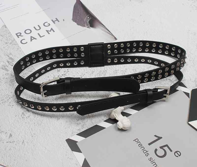 ベルト レディース パンクスタイル スタッズ ダブルリング 細ベルト フェイクレザー 合皮 ウエストマー..