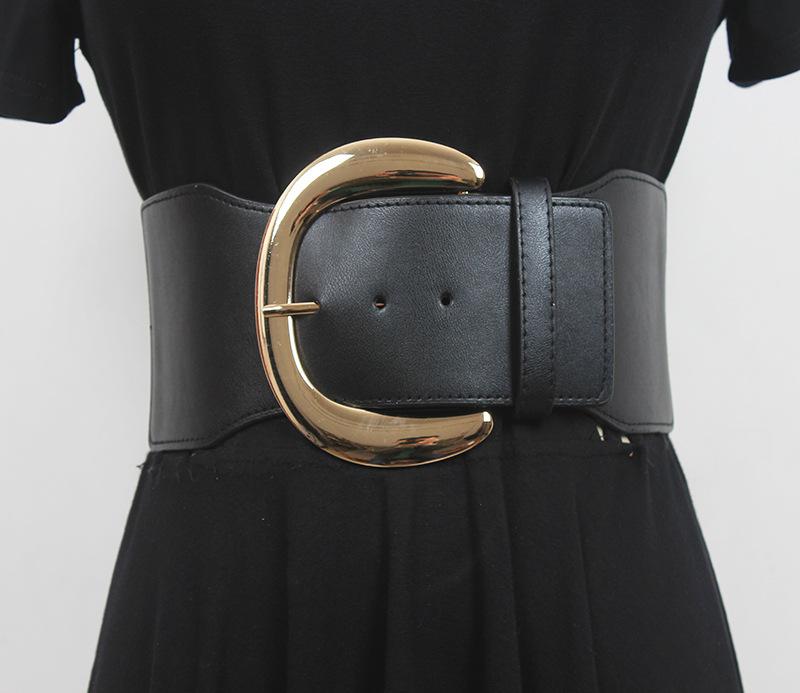 ウエストマークベルト レディース 女性用 伸縮性 ゴムベルト 幅広 ワイド ゴールドバックル フェイクレ..