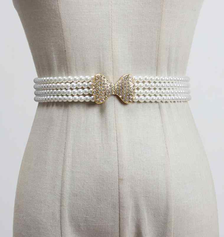 ベルト レディース パール 伸縮性 ゴム ウエストチェーン フラワーモチーフ 花飾り 韓国風 スイート フ..