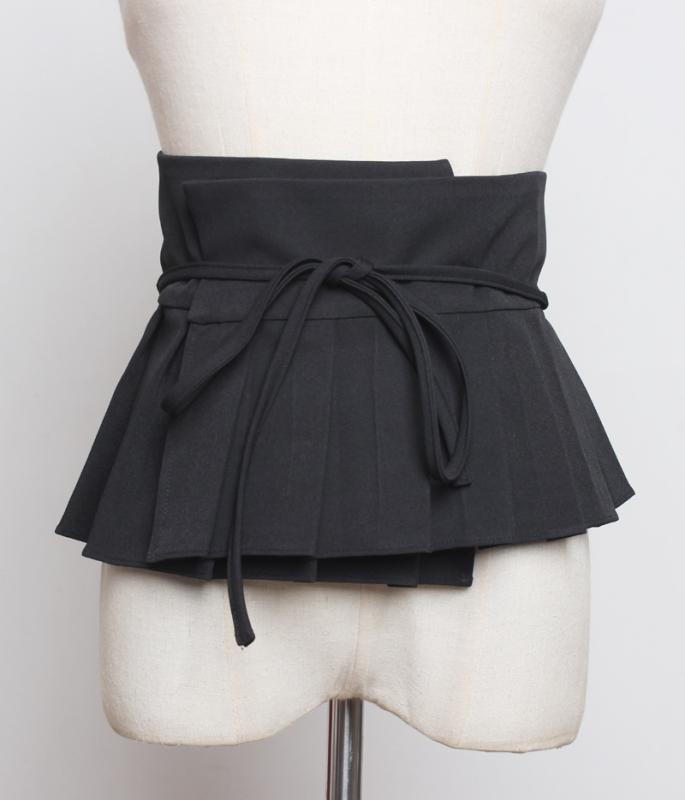 ウエストベルト レディース ワイド幅 プリーツ リボン タイアップ レトロ ヴィンテージ 着回し ウエストマーク 細見え スタイルアップ ファッション小物 織物素材 ブラック 春夏 通勤 オフィス