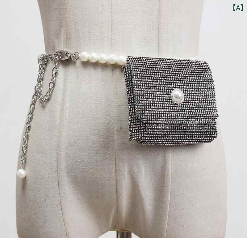 モズラボのウエストポーチ レディース パンク風 ラインストーン チェーン装飾 ベルト付き ミニバッグ 韓国ファッション おしゃれ お出かけ コンパクト スマホ収納 PUレザー｜アングル2