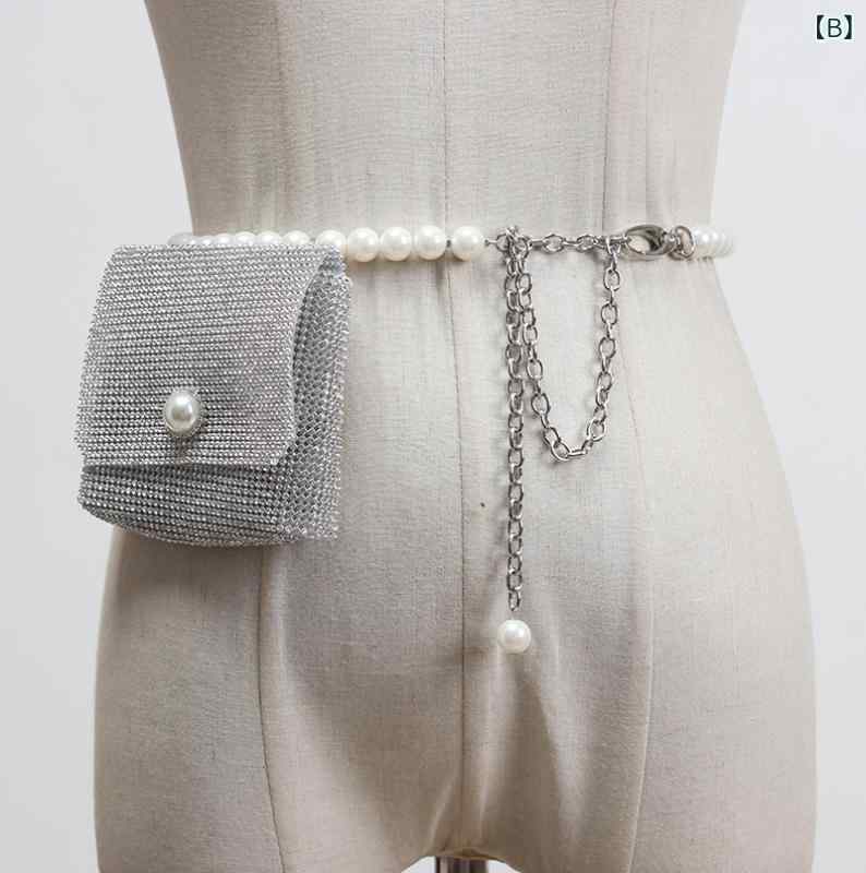 モズラボのウエストポーチ レディース パンク風 ラインストーン チェーン装飾 ベルト付き ミニバッグ 韓国ファッション おしゃれ お出かけ コンパクト スマホ収納 PUレザー｜アングル3