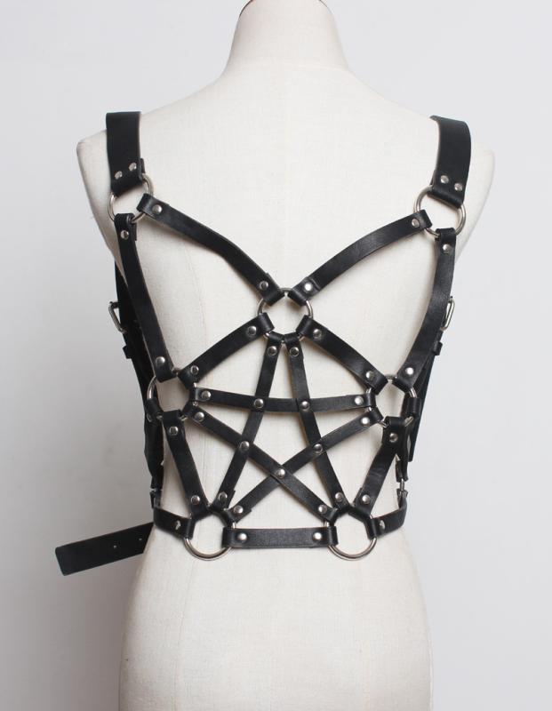 ボディハーネス ユニセックス 男女兼用 ウエストシェイプ 体型カバー パンク ゴシック 五芒星 フェイクレザー ブラック 黒 サスペンダーベルト ファッション小物