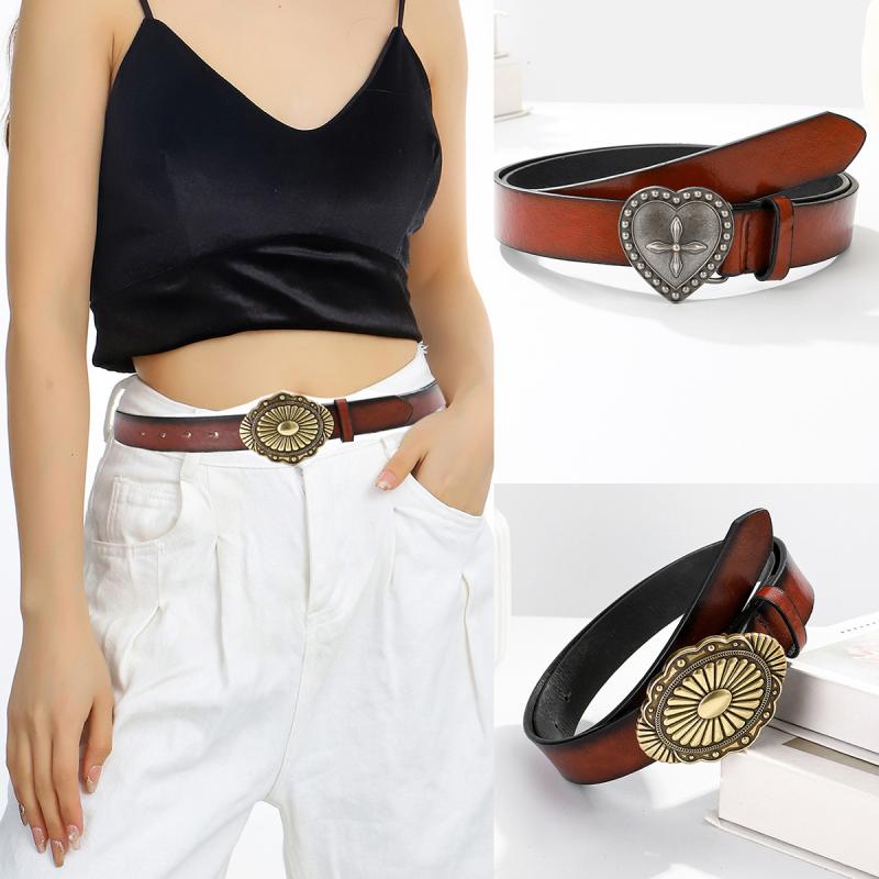 ベルト レディース PUレザー 合金バックル ピンバックル レトロ カジュアル 万能 ハート クロスモチーフ 高級感 デニムパンツ ジーンズ ライトブラウン アンバー