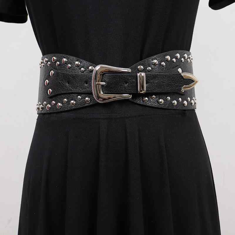 ベルト レディース PUレザー 合金 ピンバックル 幅広 ウエストマーク ヒョウ柄 スタッズ レトロ 欧米風 ウエスタン ワンピース カジュアル 黒 キャメル