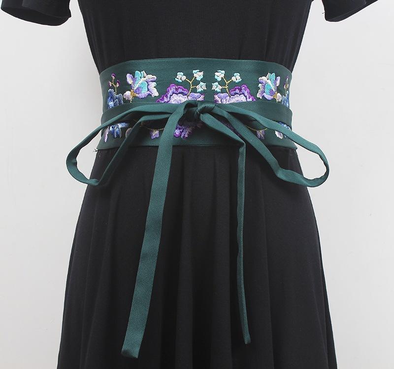 ベルト レディース 高級感 刺繍 シルク 中国風 漢服 古代衣装 レトロ アンティーク調 幅広 サッシュベルト 飾り帯 ブルー ブラック 春夏