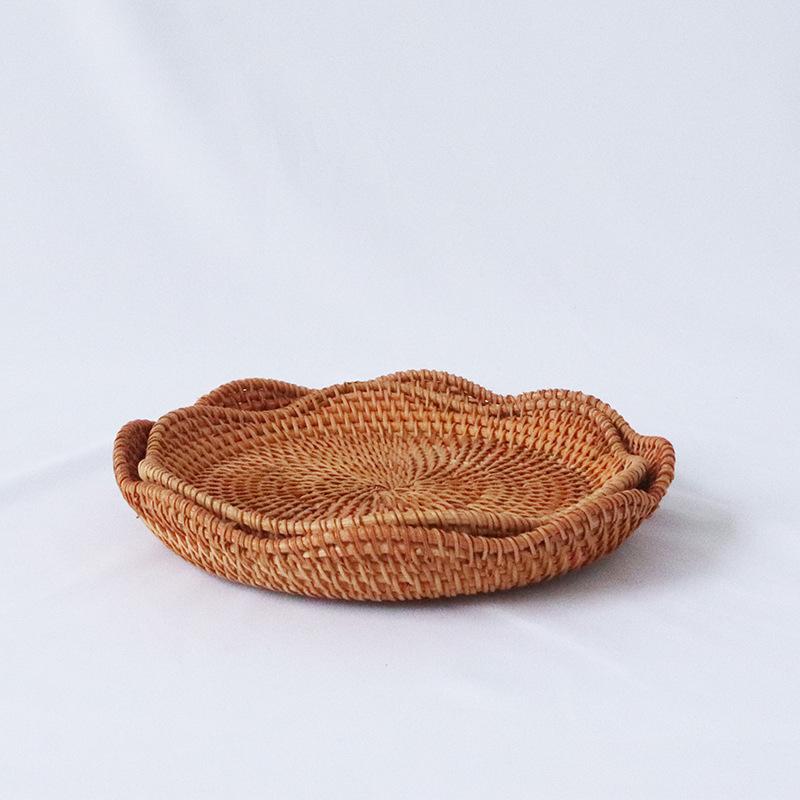 フルーツバスケット ラタン製 ベトナム製 手編み 蓮の葉型 おしゃれ リビング収納 フルーツボウル お菓子入れ 収納トレイ デザート皿 2点セット
