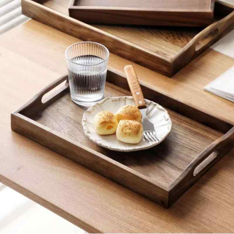 トレー ウォールナット 無垢材 天然木 長方形 持ち手付き 家庭用 業務用 ホテル レストラン 食卓 サービング 茶器 カップ ドライフルーツ お菓子 収納 北欧風 SML 複数サイズ対応