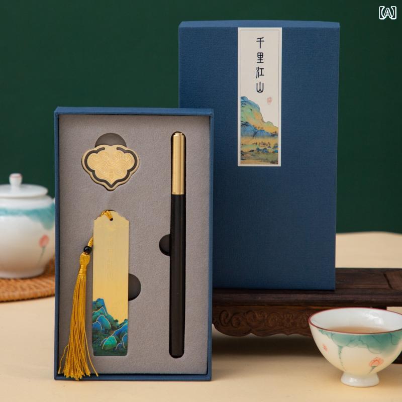 ブックマーク しおり 高級感 上品な ユニーク 中国風 山水画 タッセル付き 天然木製 檀木 紫檀 黒檀 ギフトボックス入り 記念品 プレゼント 文房具