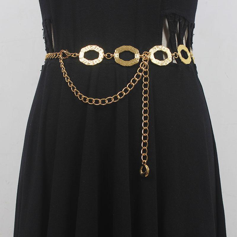 ウエストチェーン レディース 細身 個性的 デザイン レトロ サークル 透かし彫り 花柄 金属製 ゴールド シルバー チェーンベルト ドレス パーティー 結婚式