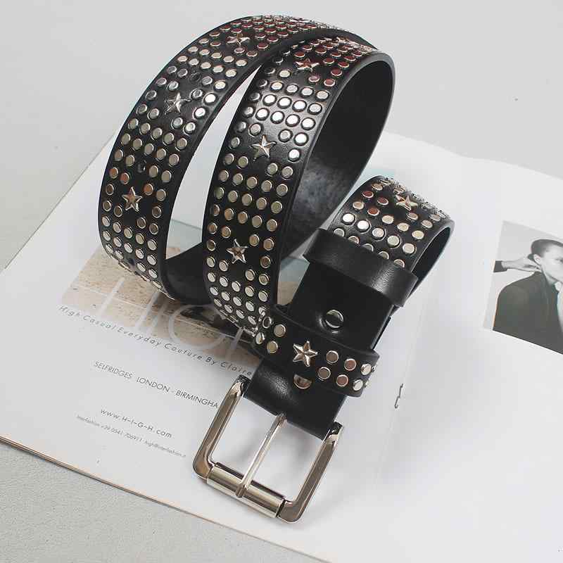 ベルト メンズ レディース 男女兼用 本革 牛革 ピンバックル 金属製 スタッズ ヒップホップ パンク ロック ストリート 個性的 クール ファッション カジュアル 黒 細め