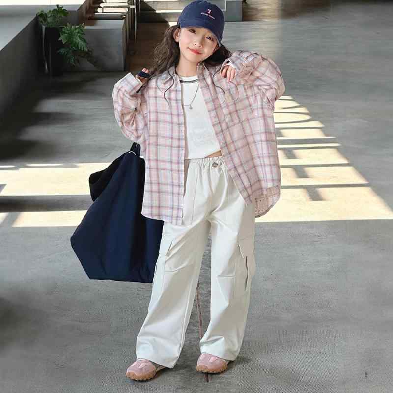 シャツ 女の子 ジュニア 長袖 ゆったり オーバーサイズ 配色 チェック柄 かわいい カジュアル 着回し 羽織り 韓国風 トレンド 薄手 コットン 綿混 春秋 通学 普段着 キッズ