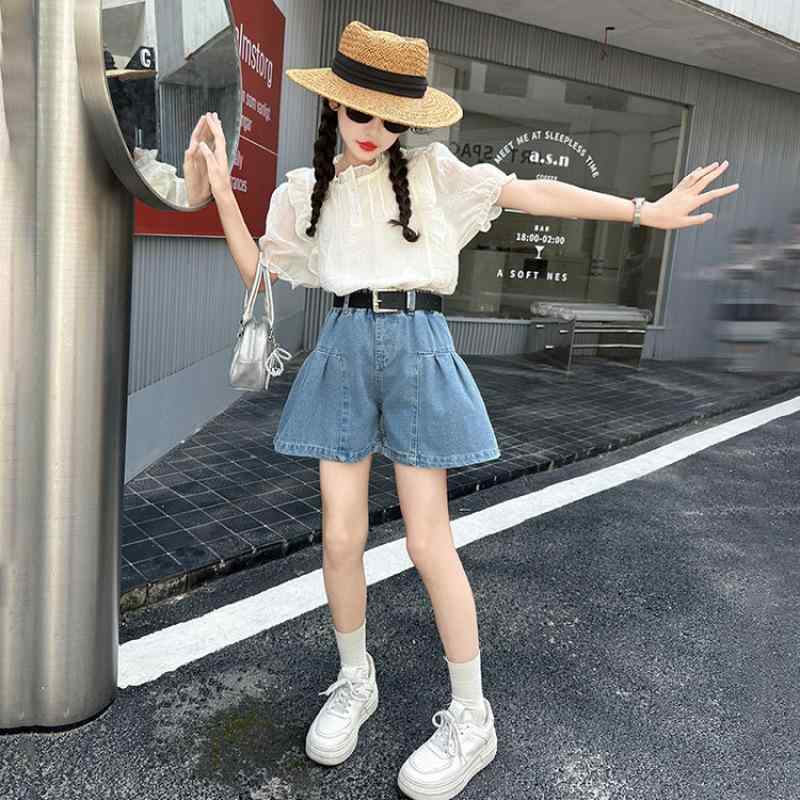 セットアップ 女の子 キッズ ジュニア 夏 半袖 韓国風 かわいい おしゃれ 薄手 柔らか 綿混 デニム ショートパンツ ツーピース お出かけ 普段着 通学着