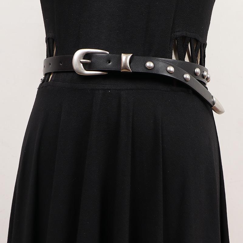 ベルト レディース アメリカンスタイル レトロ スタッズ フェイクレザー 細身 黒 ブラック 春夏 Y2Kフ..