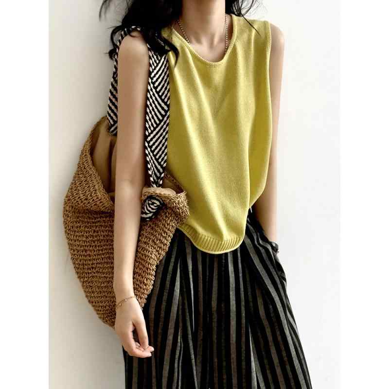 ノースリーブ ニット レディース 春夏 シンプル ゆったり クルーネック 無地 リブ 切り替え テンセル麻 アクリル インナー 重ね着 カジュアル ミドル丈