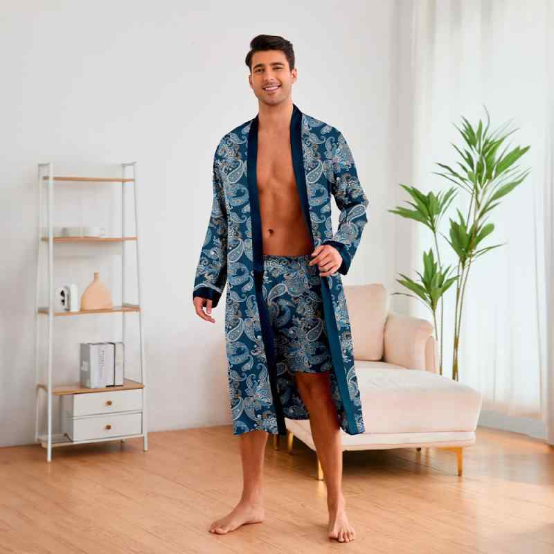 ルームウェア メンズ 接触冷感 シルク調 長袖 Vネック ローブ 短パン 上下セット 薄手 サテン パジャマ..