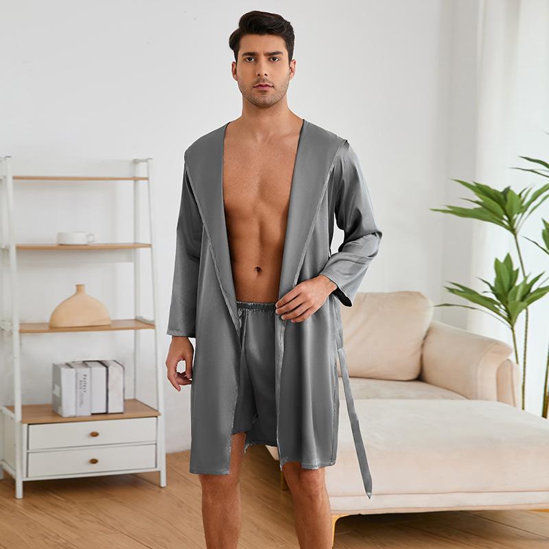 パジャマ メンズ 軽量 薄手 なめらか サテン風 ポリエステル 長袖 フード付き ショートパンツ セットア..