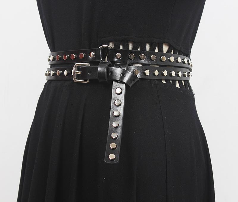 ベルト レディース 本革 牛革 パンク スタッズ ブラック 黒 2重巻き 細身 細幅 ピンバックル 学生 普段使い オールシーズン カジュアルスタイル おしゃれ ファッション