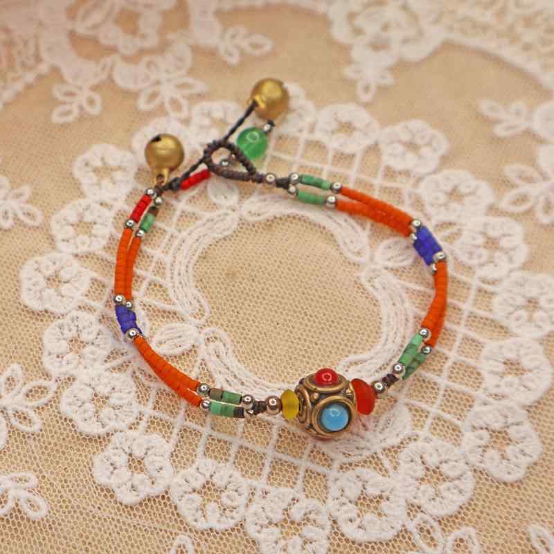 ブレスレット 男女兼用 エスニック 民族調 ハンドメイド ネパール 銅製ビーズ フロストストーン マットストーン ダブル 二連 編み込み マルチカラー ベル