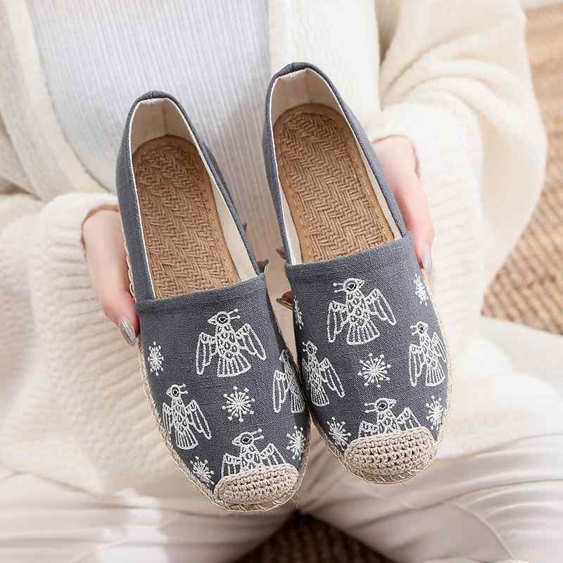 エスパドリーユ レディース 春夏 通気性 快適 スリッポン リネン素材 刺繍 ラウンドトゥ 切り替え 滑り止め ローカット フラットシューズ カジュアル 普段使い ジュートソール(4)