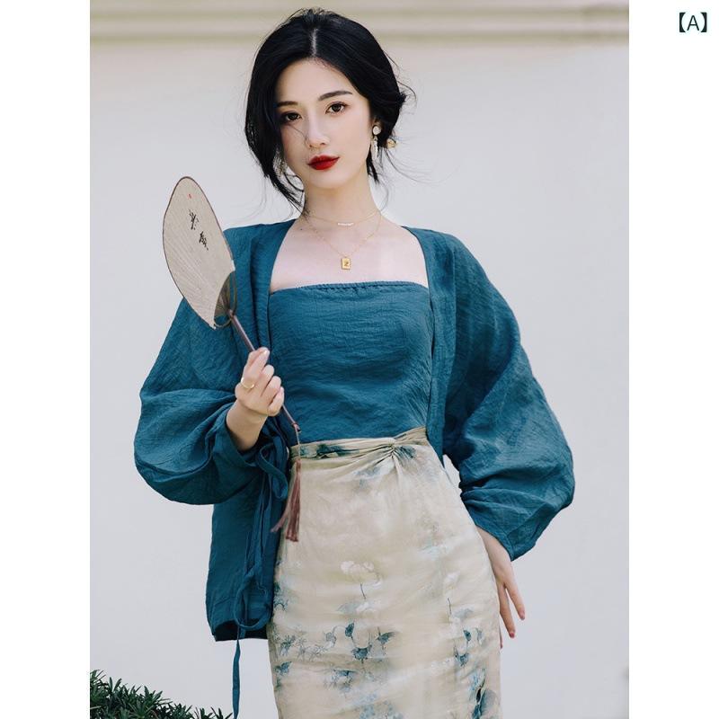 セットアップ レディース UVカット 薄手 レトロカジュアル エスニック ベアトップ タイトスカート カーディガン 3点セット 夏 小花柄 ミディ丈 長袖 麻混...