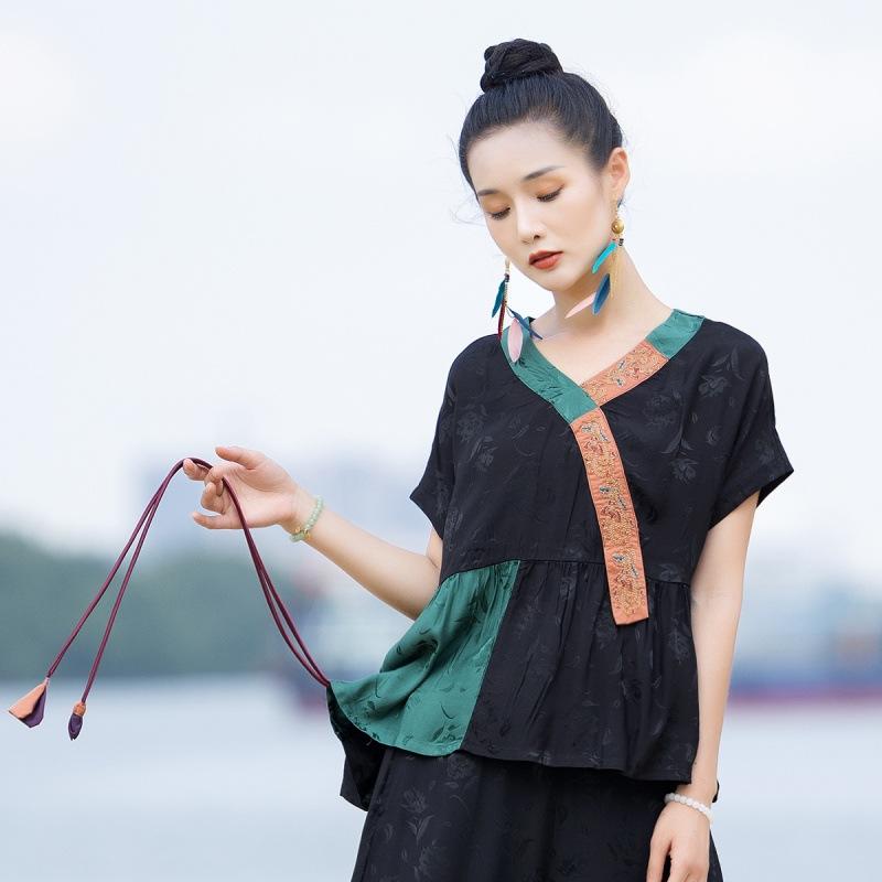 ブラウス レディース 接触冷感 テンセル リネン 春夏 Vネック 刺繍 半袖 ジャカード 民族風 レトロ クラシカル ブラック オフィス カジュアル きれいめ