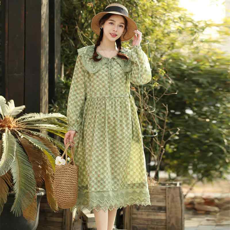 ワンピース レディース 綿麻 Aライン ゆったり 体型カバー 着痩せ効果 ドールカラー 花柄 刺繍 レース ドローストリング 長袖 ミディ丈 カジュアル 春秋